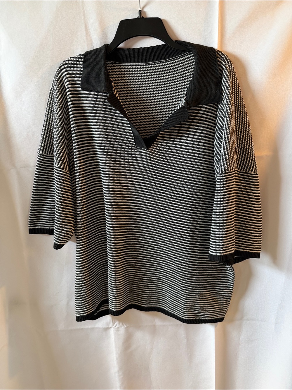 Striped Black & White Polo Sweater Top